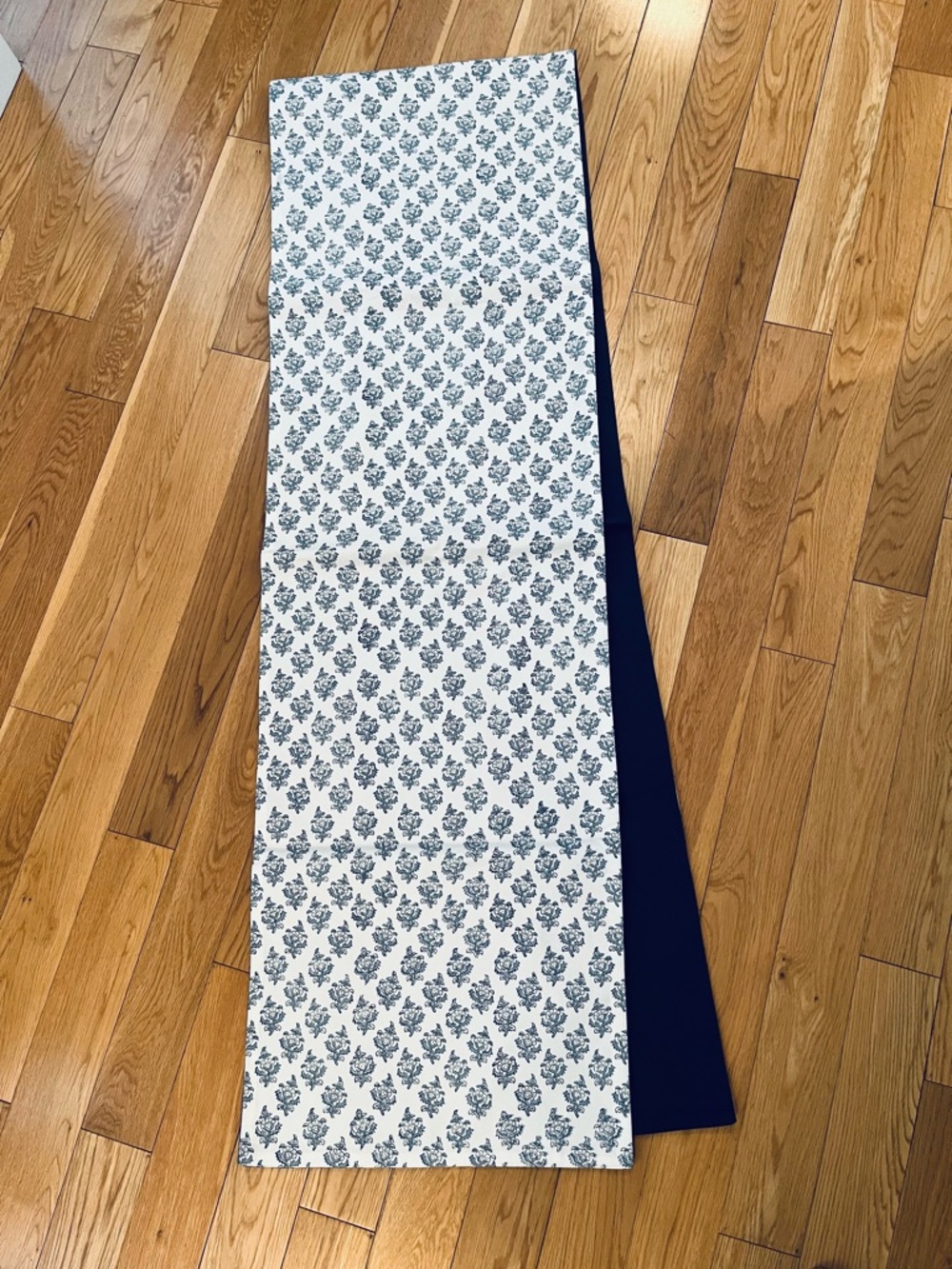 Pottery Barn blue floral reversible table runner